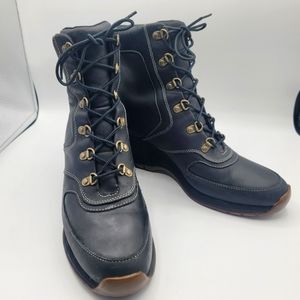 Timberland Wedge Heel Boot SZ 9.5M Black Leather Lace Up Womens Ankle Bo…